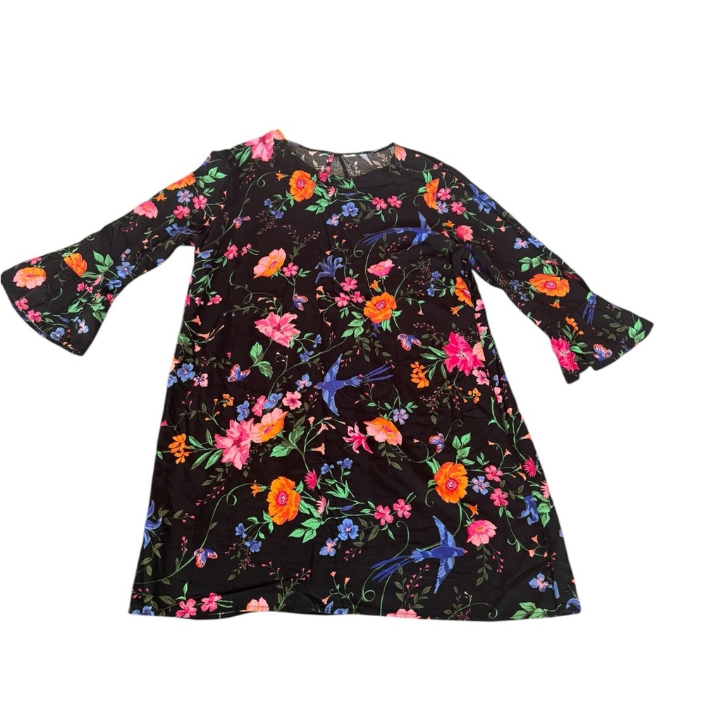 Old Navy Black Floral Rayon Dress Size XL 3/4 Sleeve‎ Keyhole Back Ruffle Sleeve